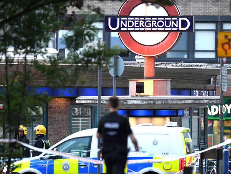 Emergency services at the scene at Southgate tube station after reports of a minor explosion