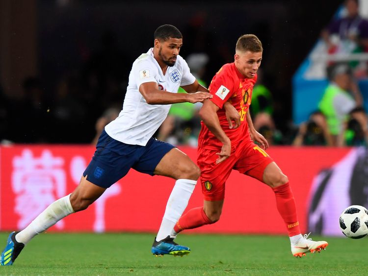 England midfielder Ruben Loftus-Cheek and Belgium forward Thorgan Hazard vie for the ball