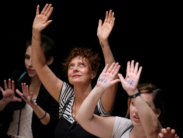 Actress Susan Sarandon joins with other women and immigration activists while rallying inside the Hart Senate Office Building after marching to Capitol Hill in Washington, U.S., June 28, 2018. REUTERS/Jonathan Ernst TPX IMAGES OF THE DAY