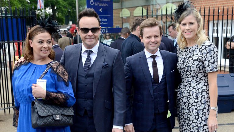 Lisa Armstrong (L-R), Ant McPartlin, Declan Donnelly and his wife Ali Astall at Royal Ascot in 2015