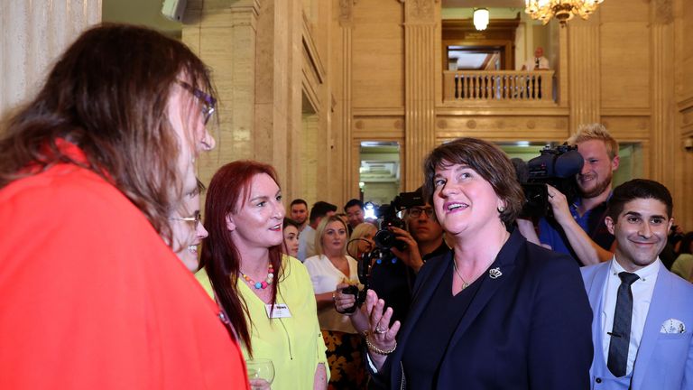Arlene Foster (right) in conversation with Adrianne Elson (left) and Alicia Perry from Trans Pride NI