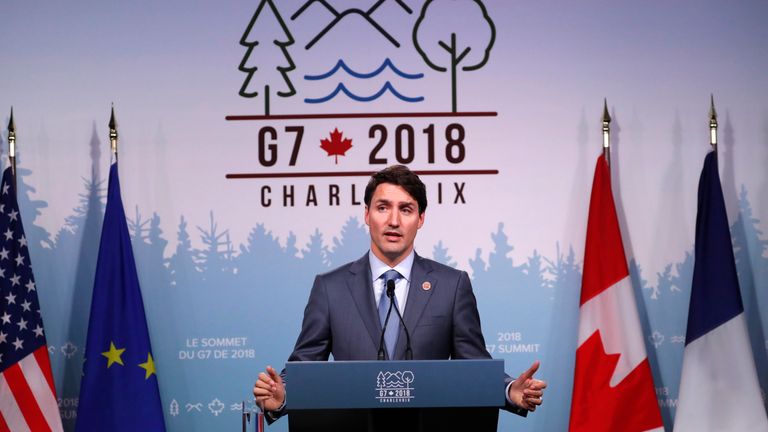 Canada&#39;s Prime Minister Justin Trudeau addresses the final news conference of the G7 summit in the Charlevoix city of La Malbaie, Quebec, Canada