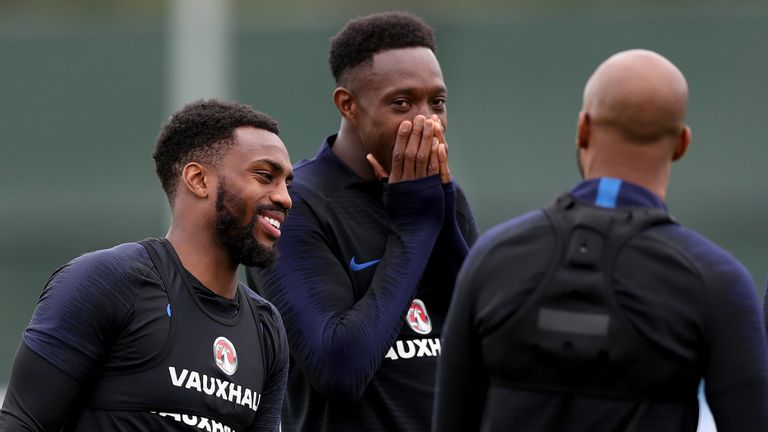 Danny Rose with Danny Welbeck and Fabian Delph during an England training session