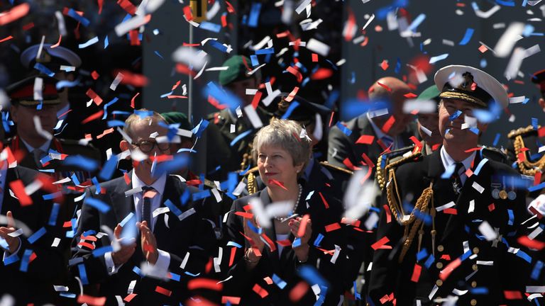 Prime Minister Theresa May during the celebrations for National Armed Forces Day in Llandudno, Wales. PRESS ASSOCIATION Photo. Picture date: Saturday June 30, 2018. See PA story DEFENCE Forces. Photo credit should read: Peter Byrne/PA Wire