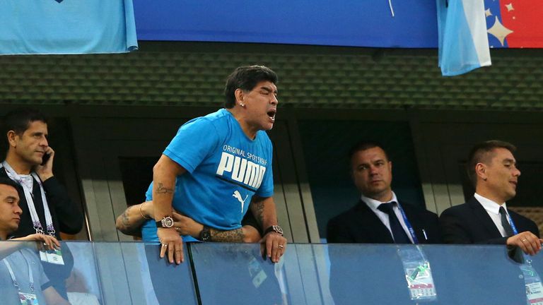 SAINT PETERSBURG, RUSSIA - JUNE 26: Diego Armando Maradona is seen in the stands during the 2018 FIFA World Cup Russia group D match between Nigeria and Argentina at Saint Petersburg Stadium on June 26, 2018 in Saint Petersburg, Russia. (Photo by Alex Livesey/Getty Images)

