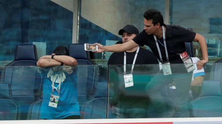 SAINT PETERSBURG, RUSSIA - JUNE 26: Diego Armando Maradona is seen in the stands during the 2018 FIFA World Cup Russia group D match between Nigeria and Argentina at Saint Petersburg Stadium on June 26, 2018 in Saint Petersburg, Russia. (Photo by Alex Livesey/Getty Images)
