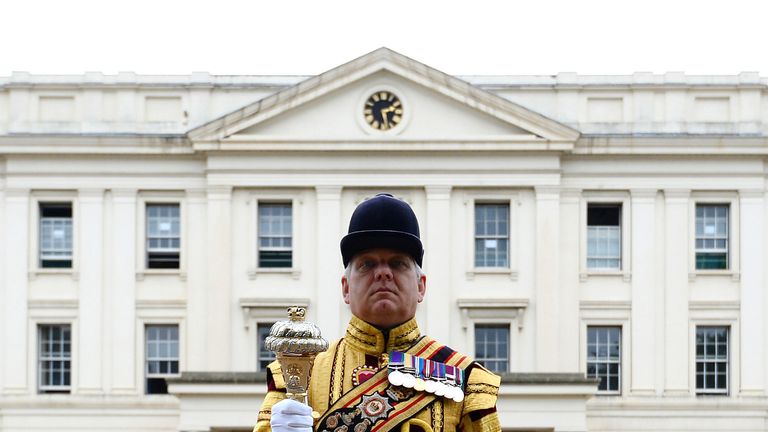 Drum Major Staite at Wellington Barracks in London, who will take part in his last Trooping the Colour on Saturday after 39 years of service in the Army