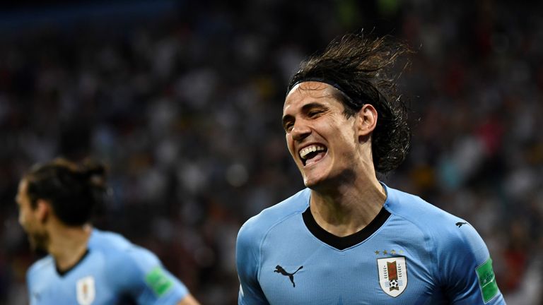 Edinson Cavani celebrates putting Uruguay in front against Portugal