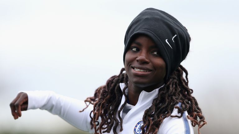 KINGSTON UPON THAMES, ENGLAND - JANUARY 28: Eniola Aluko of Chelsea warms up during the WSL match between Chelsea Ladies and Everton Ladies at The Cherry Red Records Stadium on January 28, 2018 in Kingston upon Thames, England. (Photo by Alex Pantling/Getty Images)
