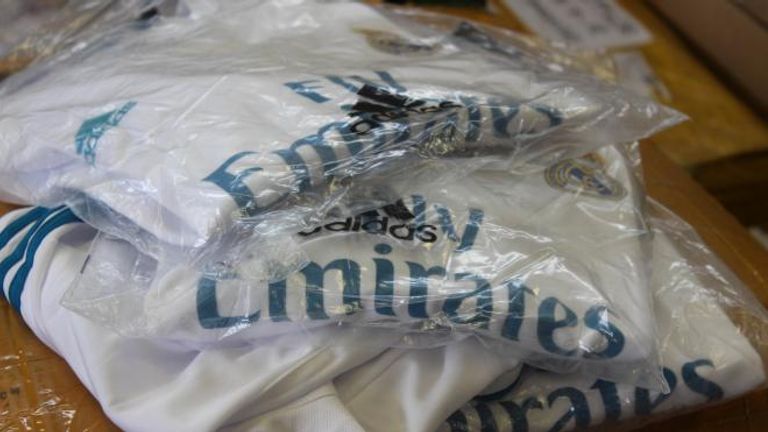 Fake football kits, from teams such as Real Madrid, have been seized at East Midlands Airport. Pic: Leicestershire City Council
