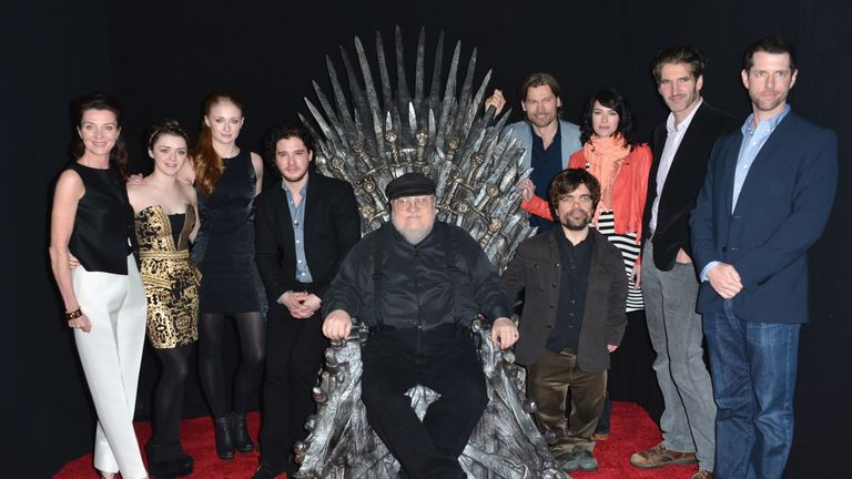 HOLLYWOOD, CA - MARCH 19: Actors Michelle Fairley, Maisie Williams, Sophie Turner, Kit Harington, executive producer George R.R. Martin, actors Nikolaj Coster-Waldau, Peter Dinklage, Lena Headey, co-creator/executive producer David Banioff and co-creator/executive producer D.B. Weiss attend The Academy of Television Arts & Sciences&#39; Presents An Evening With &#39;Game of Thrones&#39; at TCL Chinese Theatre on March 19, 2013 in Hollywood, California. (Photo by Alberto E. Rodriguez/Getty Images)

