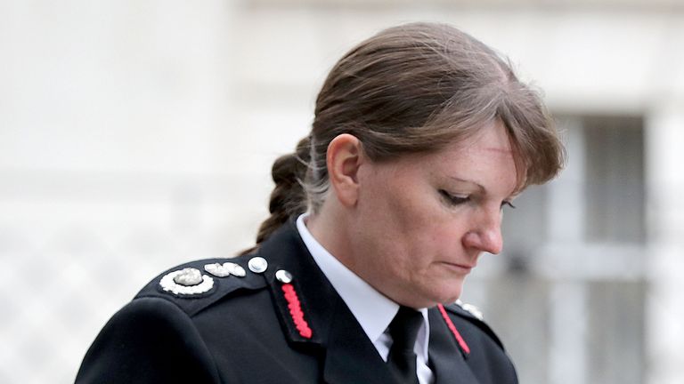 London fire commissioner Dany Cotton marks the one year anniversary of the Grenfell Tower fire with a one minute silence at London Fire Brigade (LFB) HQ in Southwark, London. PRESS ASSOCIATION Photo. Picture date: Thursday June 14, 2018. See PA story MEMORIAL Grenfell. Photo credit should read: Gareth Fuller/PA Wire  