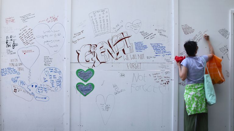 on the one year anniversary of the Grenfell Tower fire on June 14, 2018 in London, England. In one of Britain's worst urban tragedies since World War II, a devastating fire broke out in the 24-storey Grenfell Tower on June 14, 2017 where 72 people died from the blaze in the public housing building of North Kensington area of London.