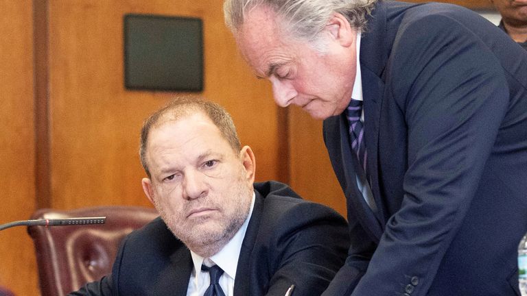 Film producer Harvey Weinstein sits with his lawyer Benjamin Brafman inside Manhattan Criminal Court during his indictment in Manhattan in New York, U.S., June 5, 2018. Steven Hirsch/Pool via REUTERS