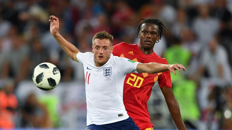 England striker Jamie Vardy vies with Belgium defender Dedryck Boyata
