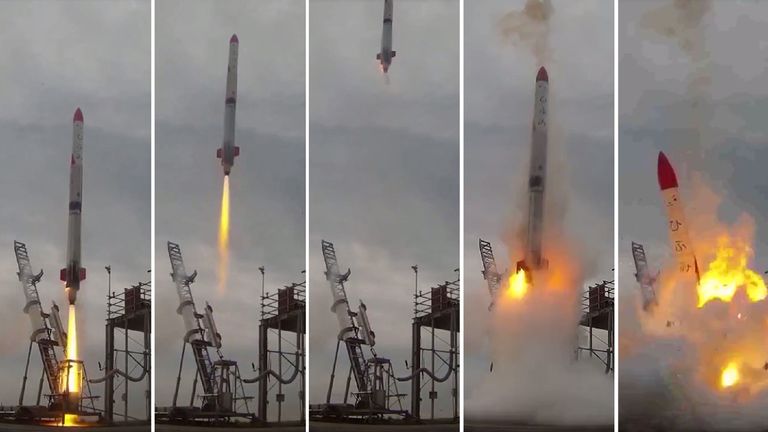Video grabs from Interstellars Technologies shows failed launch of the rocket MOMO-2 in Taiki, Kokkaido prefecture