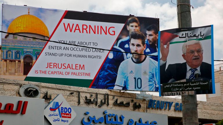 A pro-Palestinian billboard in the West Bank pictures Messi and states: "Stand up for human rights."