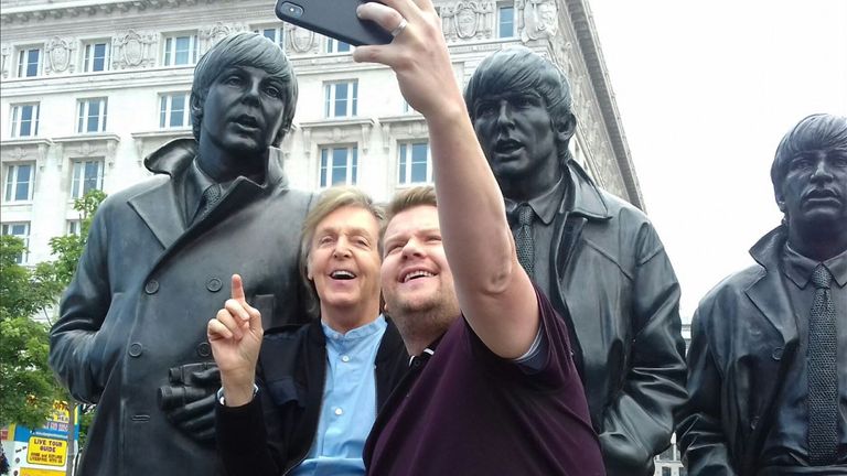 Sir Paul McCartney and James Corden make time for a selfie with the Fab Four. Pic. Kenny Brew