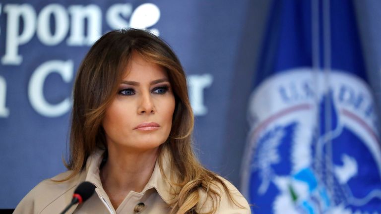 First lady Melania Trump appeared with President Donald Trump at a public event for the first time in almost a month