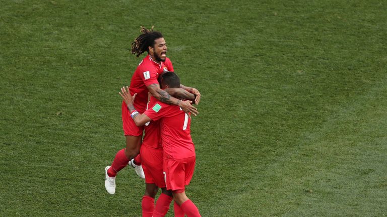 Panama's Felipe Baloy celebrates scoring their first goal with Roman Torres 