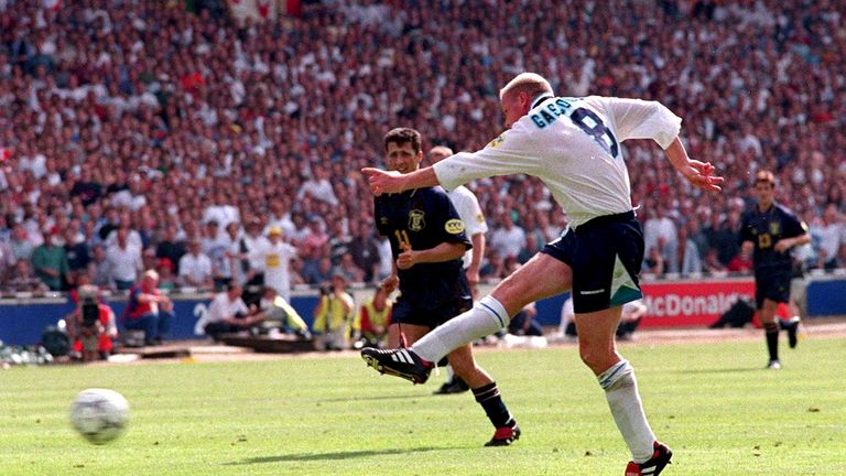 Paul Gascoigne fires home against Scotland at Euro 96