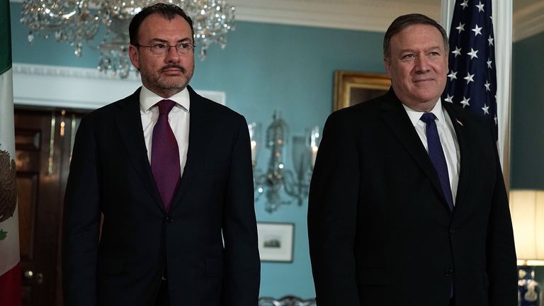 U.S. Secretary of State Mike Pompeo (R) participates in a photo-op with Mexican Foreign Secretary Luis Videgaray Caso (L) at the State Department June 5, 2018 in Washington, DC
