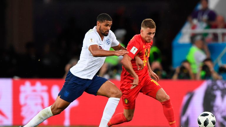 England midfielder Ruben Loftus-Cheek and Belgium forward Thorgan Hazard vie for the ball