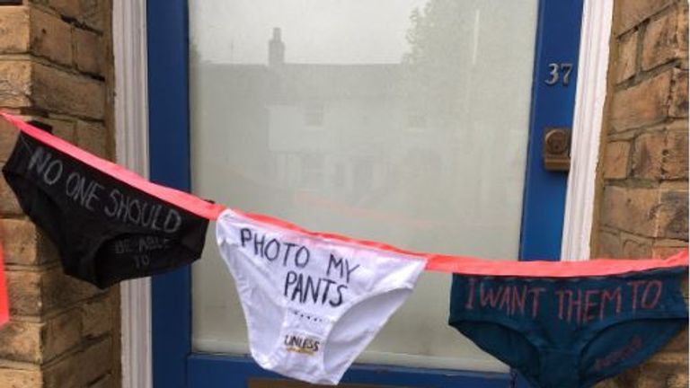 Lorna Rees&#39;s &#39;knicker bunting&#39; outside Sir Christopher Chope&#39;s constituency office. Pic: @thegobbledegook/Twitter