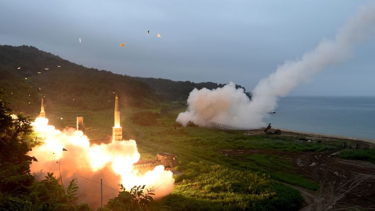 US Army Tactical Missile System (ATACMS) and South Korea&#39;s missile system firing Hyunmu-2 firing a missile into the East Sea during a South Korea-U.S. joint missile drill 