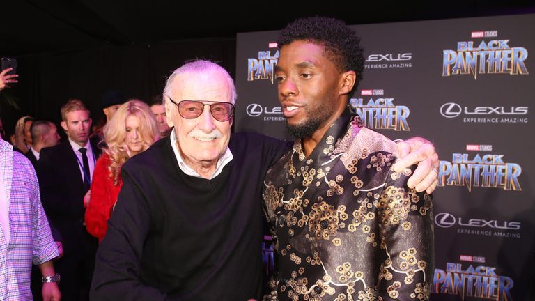 Executive producer Stan Lee (L) and actor Chadwick Boseman at the Black Panther premier this year
