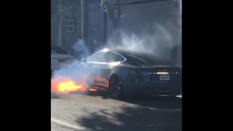 West Wing actress Mary McCormack has shared a video of her husband&#39;s Tesla which caught fire &#34;out of the blue&#34;.