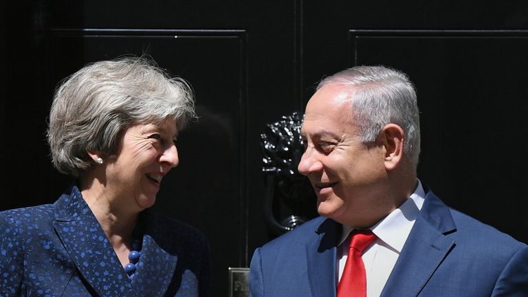 Theresa May greets Israeli Prime Minister Benjamin Netanyahu at 10 Downing Street
