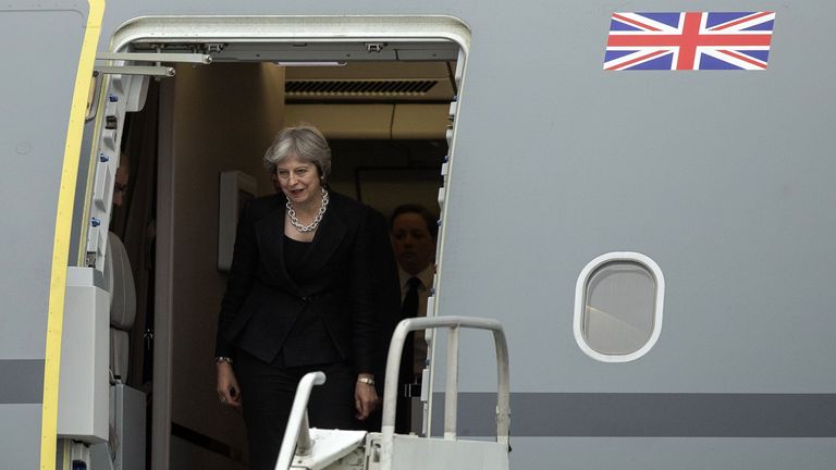 British Prime Minister Theresa May arrives at CFB Bagotville, Quebec, on June 7, 2018 for the G7 leaders summit in Charlevoix, Quebec