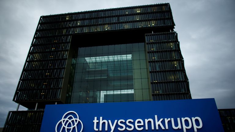 A logo of ThyssenKrupp AG is pictured outside their headquarters in Essen