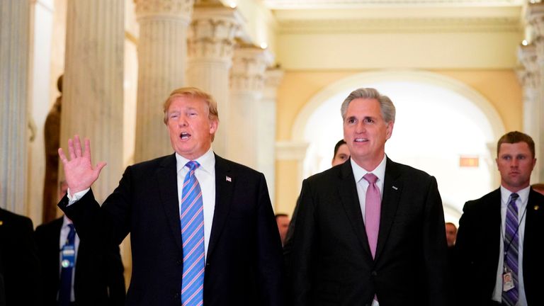Donald Trump (L) with US House Majority Leader Kevin McCarthy after a closed-doors meeting