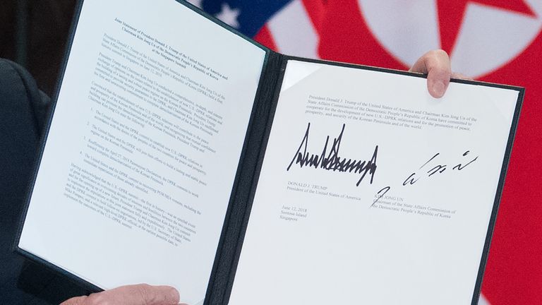 The signed statement from Donald Trump and Kim Jong-Un