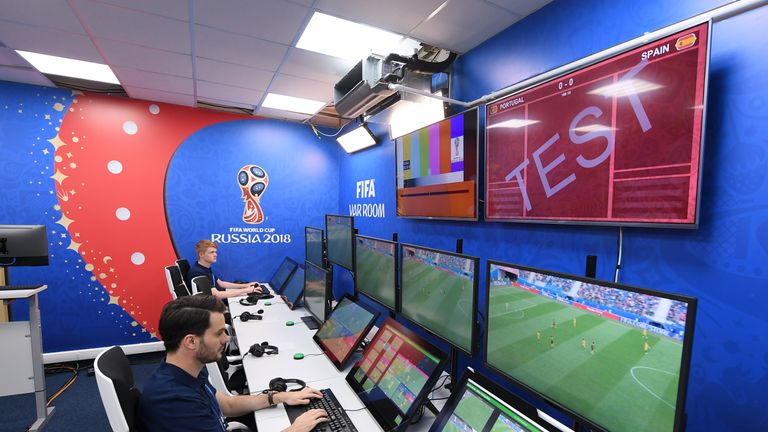 MOSCOW, RUSSIA - JUNE 09: A general view of the Video Assistant Referee&#39;s Room home of the VAR system to be used at all FIFA World Cup matches during the Official Opening of the International Broadcast Centre on June 9, 2018 in Moscow, Russia. (Photo by Laurence Griffiths/Getty Images)
