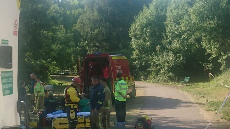 Emergency crews search for a missing child at Westport Lake in Stoke. Pic: @wmasdbaddeley/Dave Baddeley