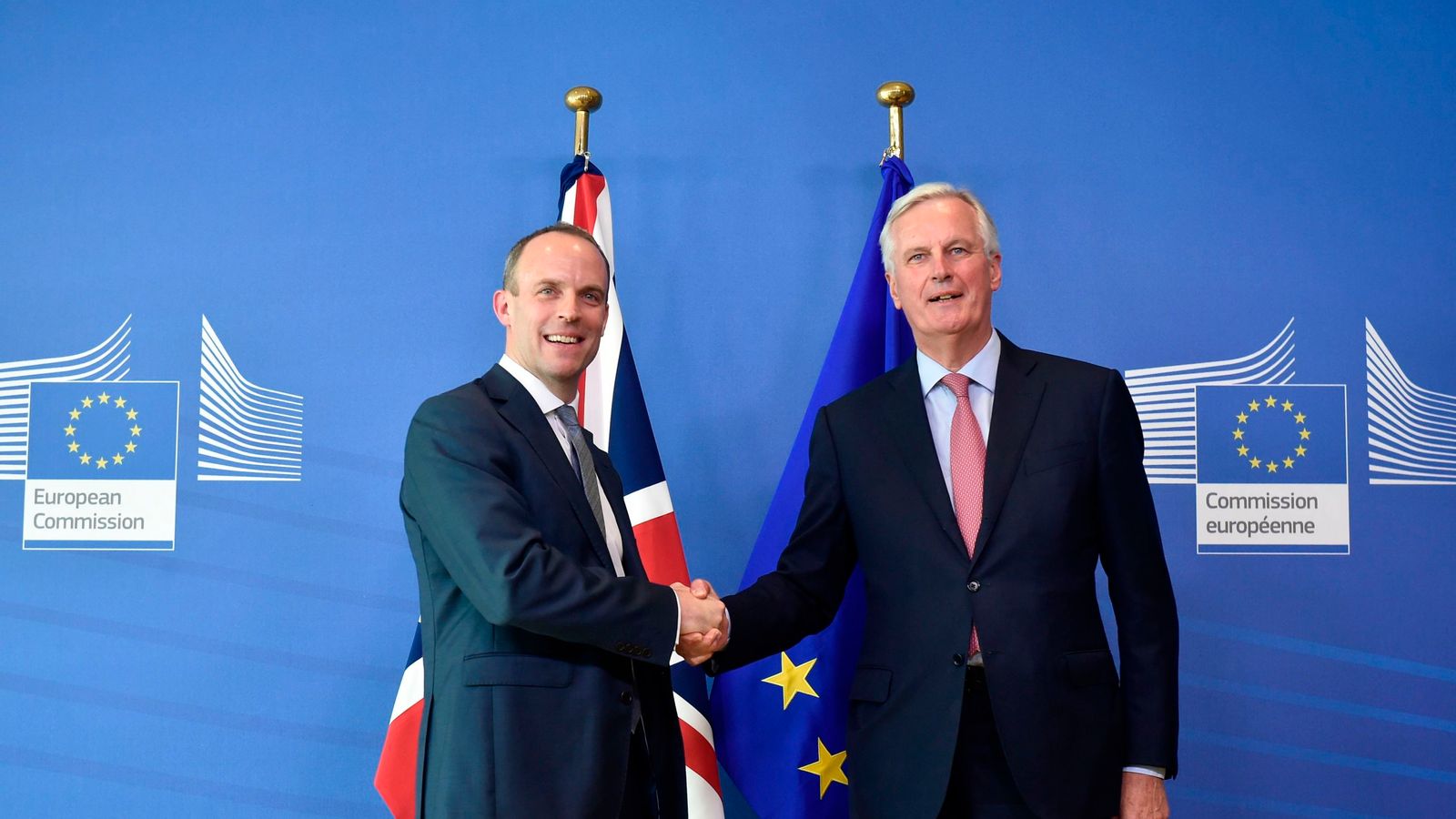 New Brexit Secretary Dominic Raab Calls For Renewed Vigour In   Skynews Michel Barnier Dominic Raab 4366124 