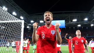 Harry Kane celebrates after England's victory over Colombia