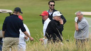 during the U.S. President's first official visit to the United Kingdom on July 14, 2018 in Turnberry, Scotland. The President of the United States and First Lady, Melania Trump on their first official visit to the UK after yesterday's meetings with the Prime Minister and the Queen is in Scotland for private weekend stay at his Turnberry.