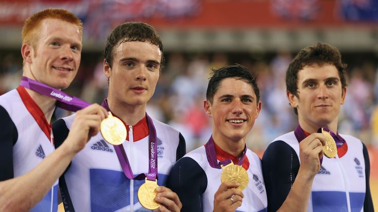 LONDON, ENGLAND - AUGUST 03: (L-R) Edward Clancy, Steven Burke, Peter Kennaugh and Geraint Thomas of Great Britain celebrate with their gold medals during the medal ceremony for the Men's Team Pursuit Track Cycling final on Day 7 of the London 2012 Olympic Games at Velodrome on August 3, 2012 in London, England. (Photo by Bryn Lennon/Getty Images) 