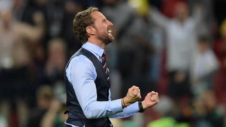 Gareth Soutgate celebrates after England's penalty success against Colombia