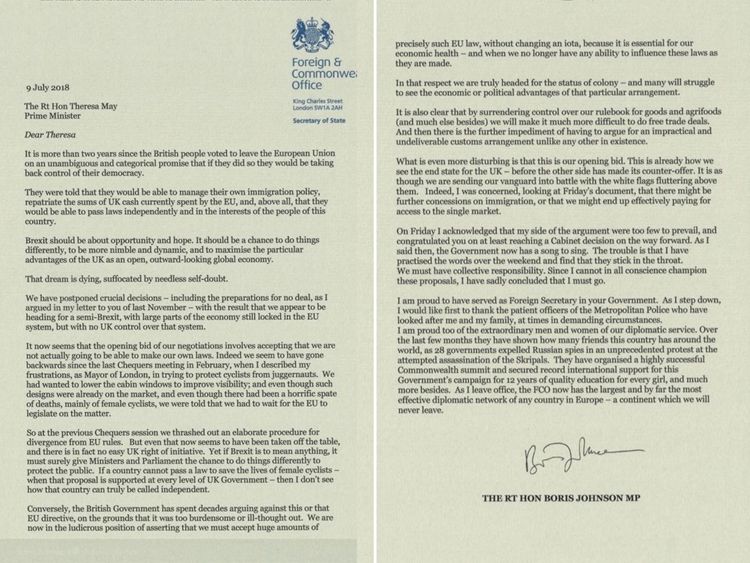 Boris Johnson wrote a two-page resignation letter to Theresa May 