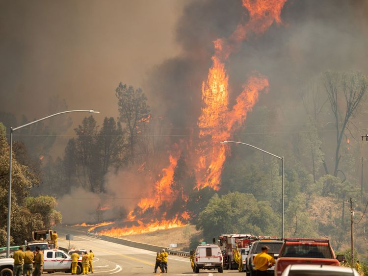 Flames tower above firefighters during the Carr fire near Whiskeytown