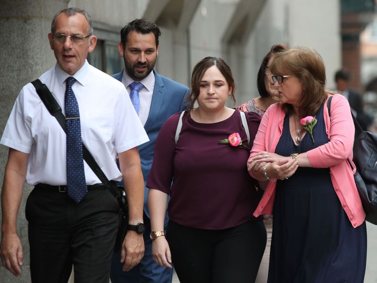 Ms Brown's father Graham, sister Katie and mother Roz Wicken, right, arriving at the Old Bailey during the trial