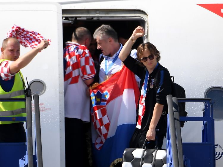 Luka Modric touches down in Zagreb along with the rest of the team