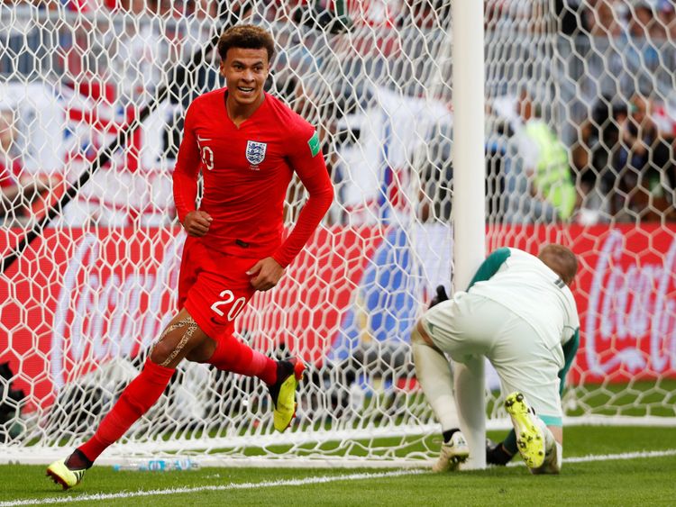 England's Dele Alli celebrates scoring their second goal 