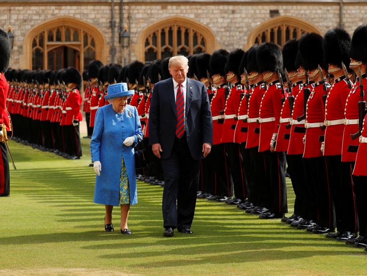 U.S. President Donald Trump and Queen Elizabeth inspect the Coldstream Guards 