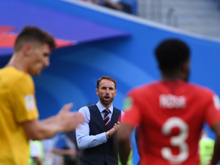 England's coach Gareth Southgate (C) cheers on his team during their Russia 2018 World Cup play-off for third place football match between Belgium and England at the Saint Petersburg Stadium in Saint Petersburg on July 14, 2018. (Photo by Paul ELLIS / AFP) / RESTRICTED TO EDITORIAL USE - NO MOBILE PUSH ALERTS/DOWNLOADS (Photo credit should read PAUL ELLIS/AFP/Getty Images) 